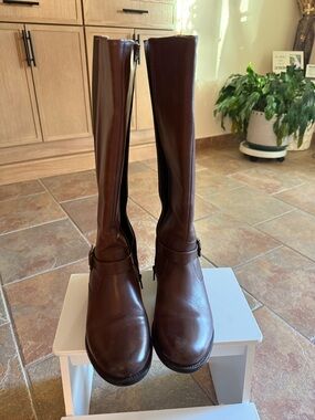 Clarks Tall Brown Leather Riding Boots with Ankle Strap